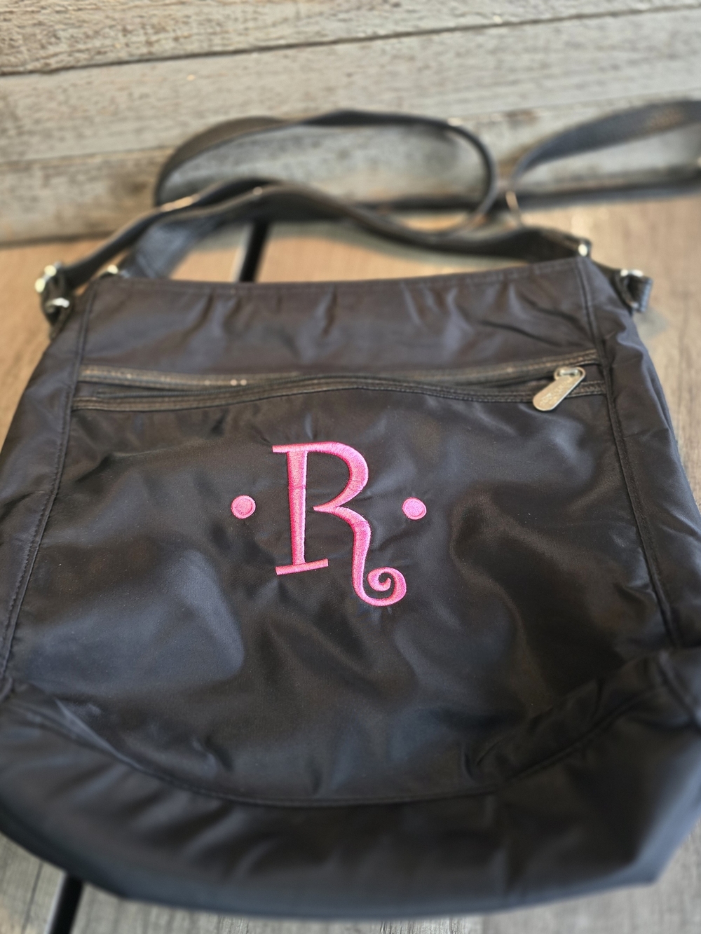 Thirty One Black Nylon Crossbody / Shoulder Bag with Pink Monogram R.